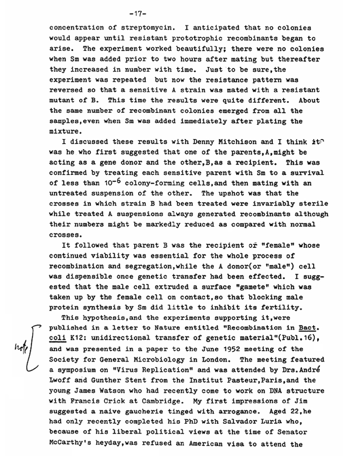 NLM pirated bbgbow A viewpoint of Aspects of a History of Genetics by William Hayes (pp 16-26, JL no longer researcher on p23) p17